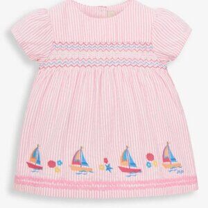 JoJo Maman BeBe Pink & White Stripe Sailboat Smocked Cap Sleeve Top
